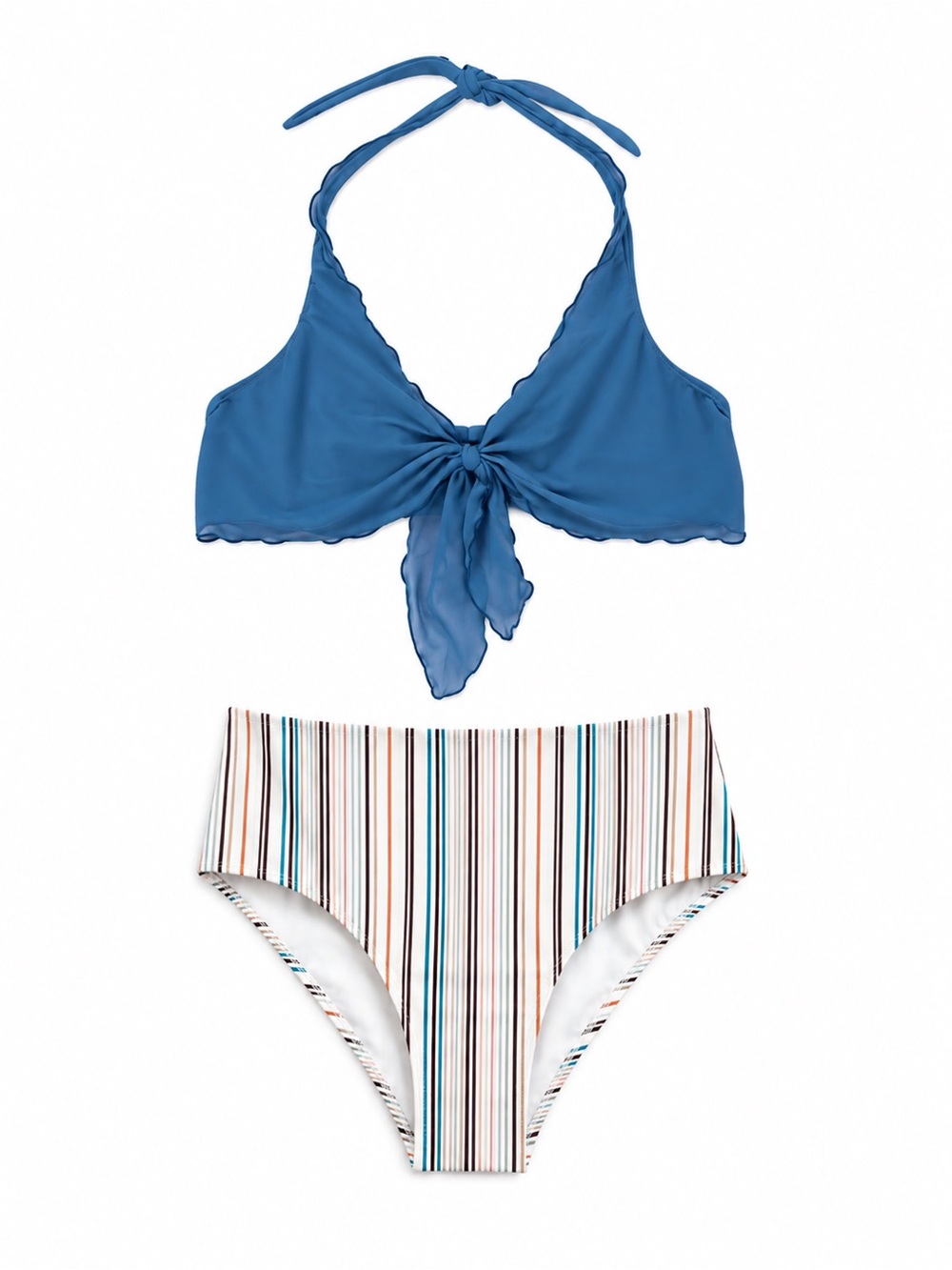 Be Creative Blue Underwire Bikini Top & Striped High-Waist Bottom – Size 14 EUC